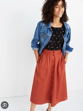 Madewell Palisade Button-Front Rust Midi Skirt Size M